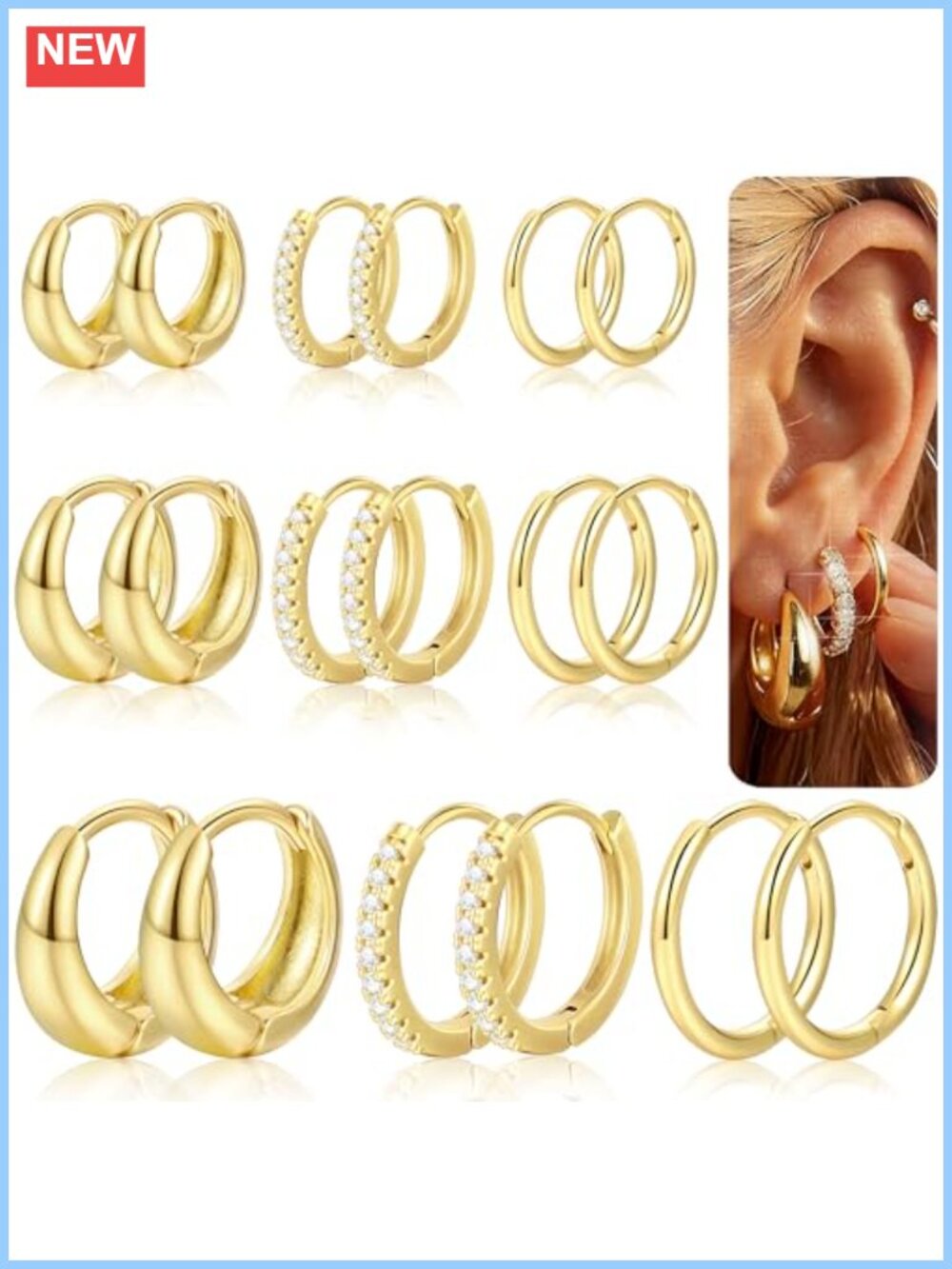 9 Pairs 14K Gold Plated Huggie Hoop Earrings Stackable Set